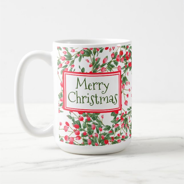 Frohe Weihnachten Watercolor Red Berries Tasse (Links)
