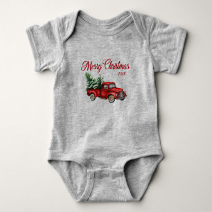 Frohe Weihnachten Watercolor Vintage roter LKW Baby Strampler