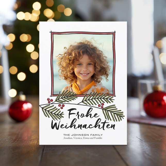 Frohe Weihnachten Weihnachten Foto Pine Tree Branc (Holiday Photo Card with large script greeting)