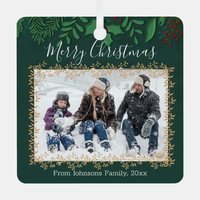 Frohe Weihnachten Weihnachten Grün Urlaub Foto Grü Ornament Aus Metall (Vorderseite)