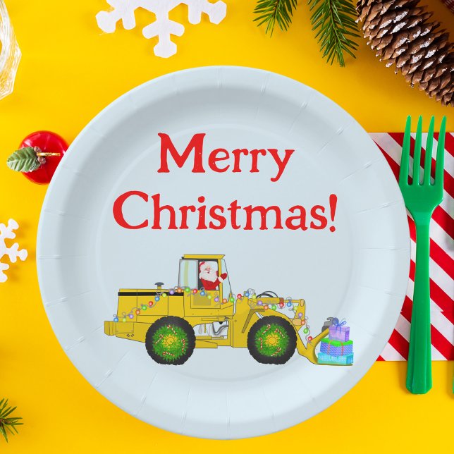 Frohe Weihnachten Weihnachten in Bulldozer Lieferu Pappteller (Santa drives bulldozer: festive plates for construction-loving kids. Celebrate with style!)