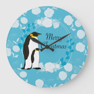 frohe weihnachten, weihnachten,pinguin,blumen,blau große wanduhr