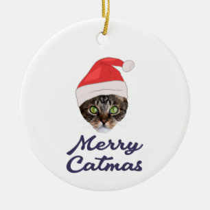 Frohe Weihnachten, Weihnachts-Katze Weihnachtsmann Keramik Ornament