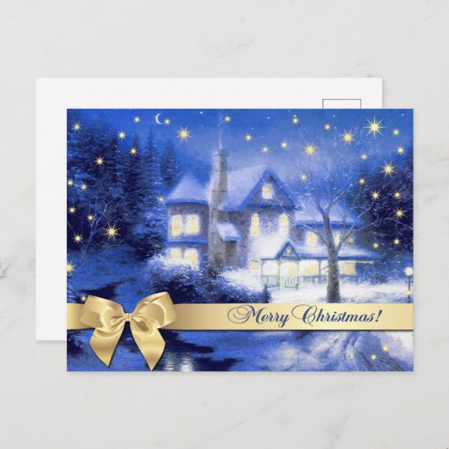 Frohe Weihnachten. Weihnachts-Snowy-Village Malere Postkarte (Vorne/Hinten)