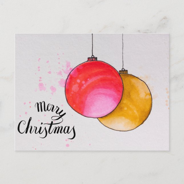Frohe Weihnachten, Weihnachtsbällchen Aquarell Feiertagspostkarte (Vorderseite)