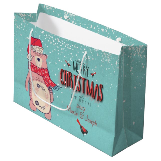 Frohe Weihnachten- Weihnachtsbär und bearbeitbarer Große Geschenktüte (Vorderseite Schrägansicht)