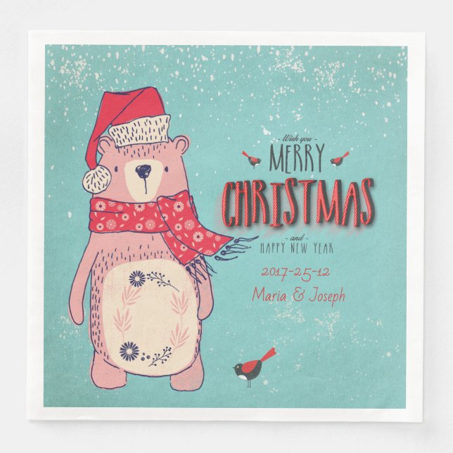 Frohe Weihnachten- Weihnachtsbär und bearbeitbarer Serviette (Vorderseite)