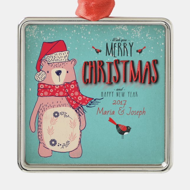 Frohe Weihnachten- Weihnachtsbär und bearbeitbarer Silbernes Ornament (Vorne)