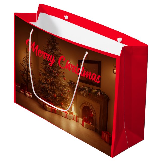 Frohe Weihnachten. Weihnachtsbaum mit Geschenken Große Geschenktüte (Vorderseite Schrägansicht)