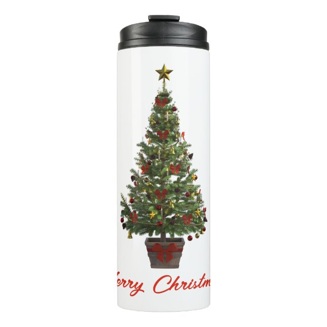 Frohe Weihnachten. Weihnachtsbaum Thermosbecher (Vorderseite)
