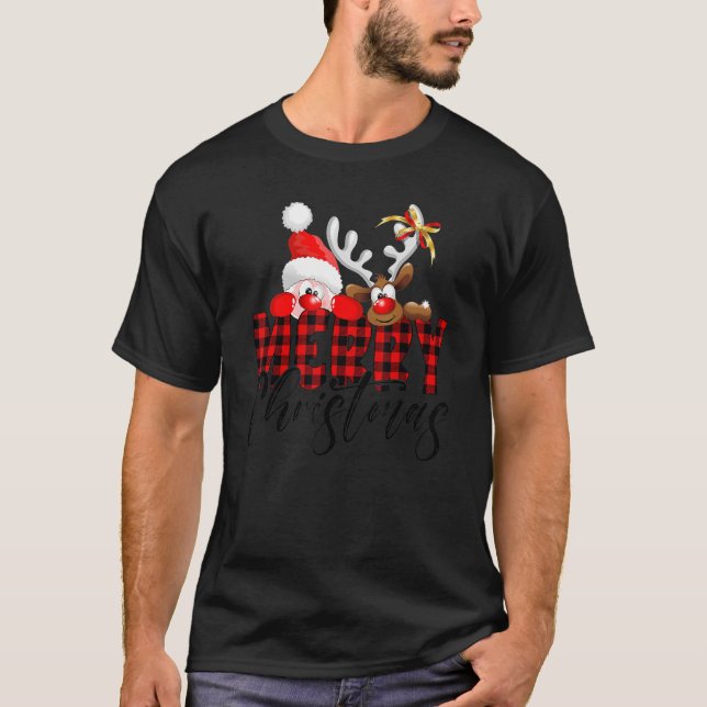 Frohe Weihnachten Weihnachtsmann Karierte Familie  T-Shirt (Vorderseite)