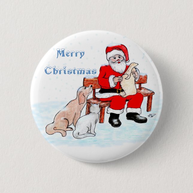 Frohe Weihnachten - Weihnachtsmann mit Katze und H Button (Vorderseite)