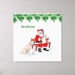 Frohe Weihnachten - Weihnachtsmann mit Katze und H Leinwanddruck