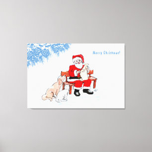 Frohe Weihnachten - Weihnachtsmann mit Katze und H Leinwanddruck