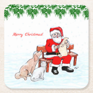 Frohe Weihnachten - Weihnachtsmann mit Katze und H Rechteckiger Pappuntersetzer