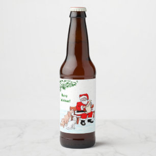 Frohe Weihnachten! Weihnachtsmann mit Katze und Hu Bierflaschenetikett
