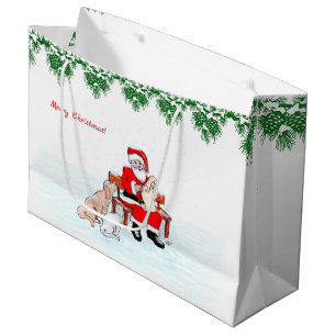 Frohe Weihnachten! Weihnachtsmann mit Katze und Hu Große Geschenktüte