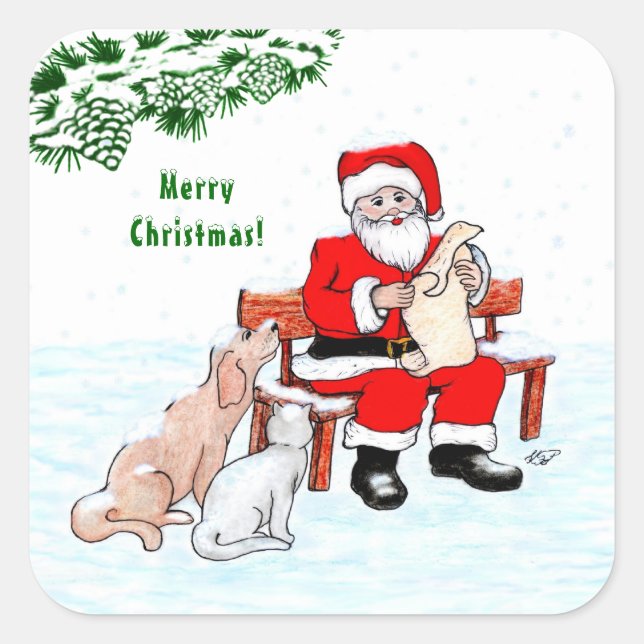 Frohe Weihnachten! Weihnachtsmann mit Katze und Hu Quadratischer Aufkleber (Vorderseite)