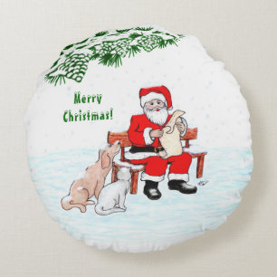 Frohe Weihnachten! Weihnachtsmann mit Katze und Hu Rundes Kissen