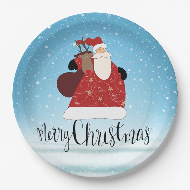 Frohe Weihnachten Weihnachtsmann und Rudolph Pappteller (Vorderseite)