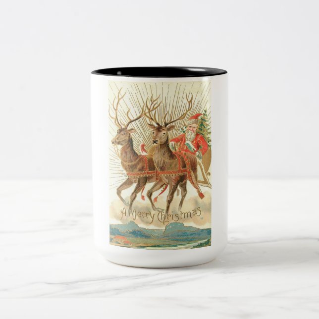 Frohe Weihnachten (Weihnachtsmann und sein Rentier Zweifarbige Tasse (Mittel)