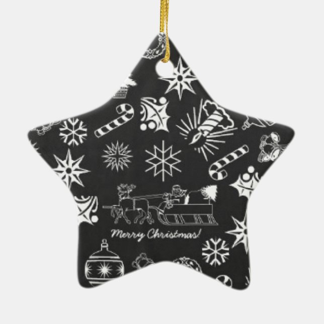 Frohe Weihnachten Weihnachtsymbole, Schwarz und We Keramikornament (Hinten)