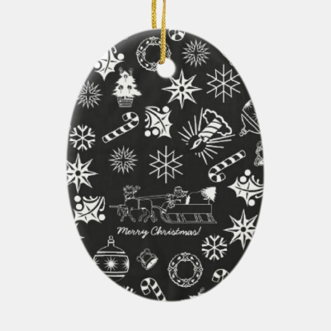 Frohe Weihnachten Weihnachtsymbole, Schwarz und We Keramikornament (Hinten)