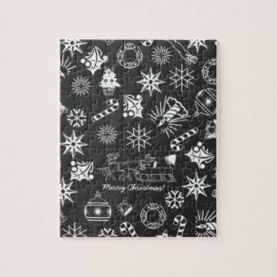 Frohe Weihnachten Weihnachtsymbole, Schwarz und We Puzzle