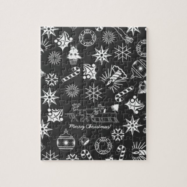 Frohe Weihnachten Weihnachtsymbole, Schwarz und We Puzzle (Vertikal)
