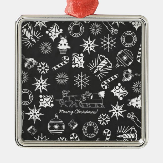 Frohe Weihnachten Weihnachtsymbole, Schwarz und We Silbernes Ornament (Vorne)