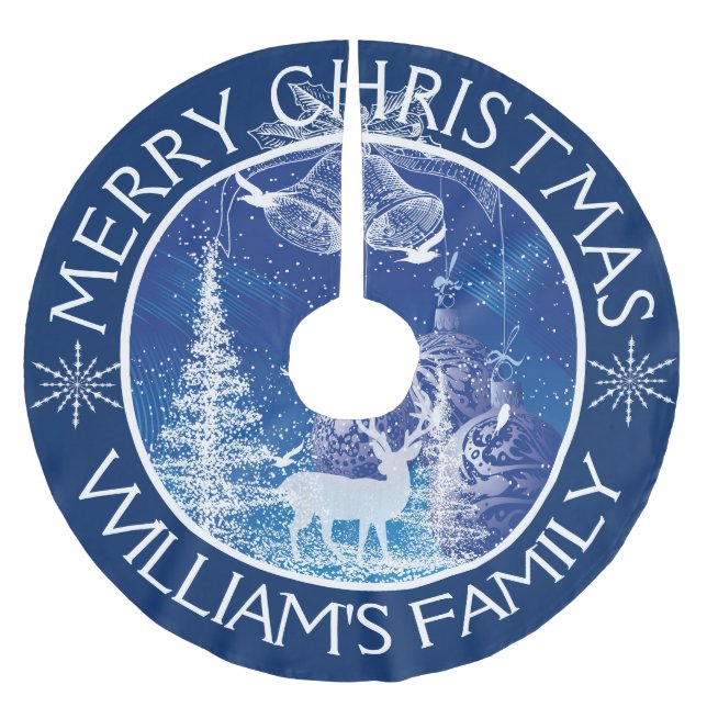 Frohe Weihnachten Weiße Bäume blauer Hintergrund Polyester Weihnachtsbaumdecke (Vorderseite)