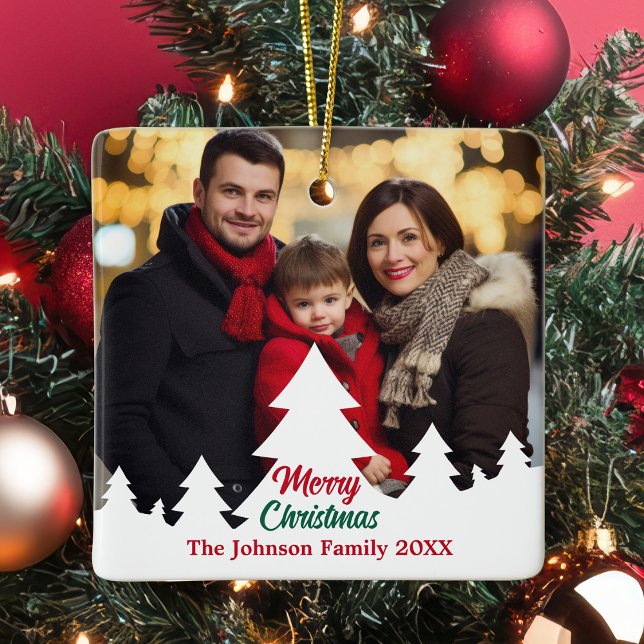 Frohe Weihnachten Weiße Bäume Familie Foto Custom Keramikornament (Von Creator hochgeladen)