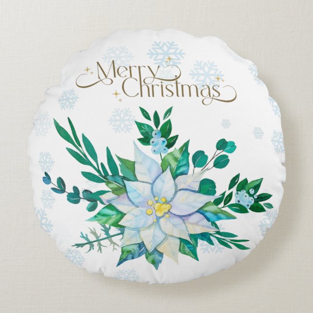 Frohe Weihnachten Weiße Poinsettia Schneeflocken Rundes Kissen (Vorderseite)