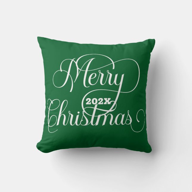 Frohe Weihnachten weiße Typografie auf Grün Kissen (Vorderseite)
