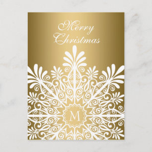 Frohe Weihnachten- Weiße und goldene Schneeflocke Feiertagspostkarte
