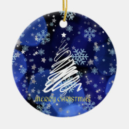 "Frohe Weihnachten" Weißer Baum über tiefblau Keramik Ornament