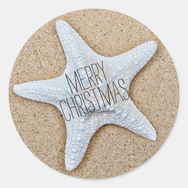 Frohe Weihnachten Weißer Starfish am Strand Runder Aufkleber (Vorderseite)