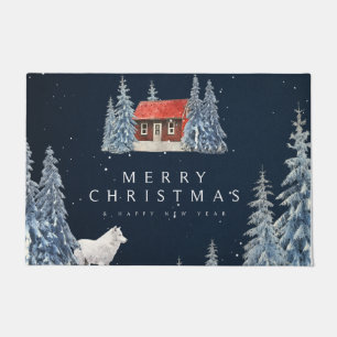 Frohe Weihnachten Weißer Wolf und Red Cabin Szene Fußmatte