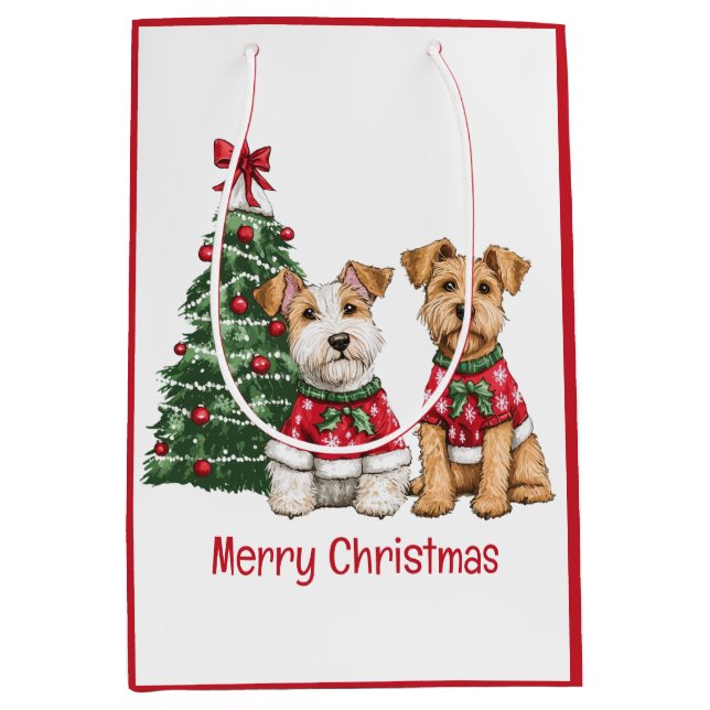 Frohe Weihnachten Welsh Wire Fox Terrier Hunde Mittlere Geschenktüte (Vorderseite)