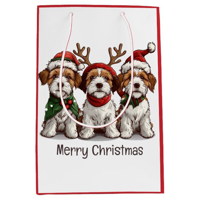 Frohe Weihnachten Welsh Wire Fox Terrier Hunde Mittlere Geschenktüte (Vorderseite)