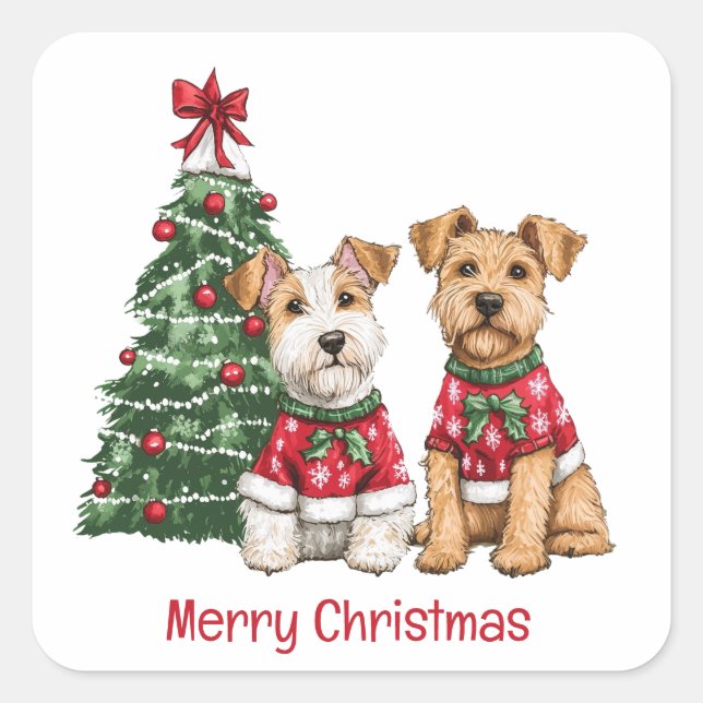 Frohe Weihnachten Welsh Wire Fox Terrier Hunde Quadratischer Aufkleber (Vorderseite)