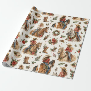 Frohe Weihnachten Western Cowgirl auf Pferd Geschenkpapier