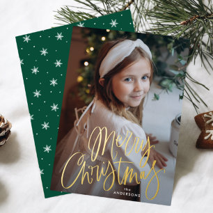 Frohe Weihnachten Whimsical Gold Script Foto Folien Feiertagskarte