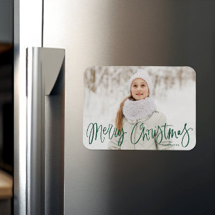 Frohe Weihnachten Whimsical Green Script Foto Magnet