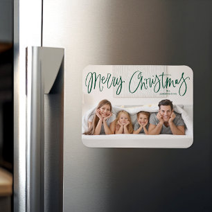 Frohe Weihnachten Whimsical Green Script Foto Magnet