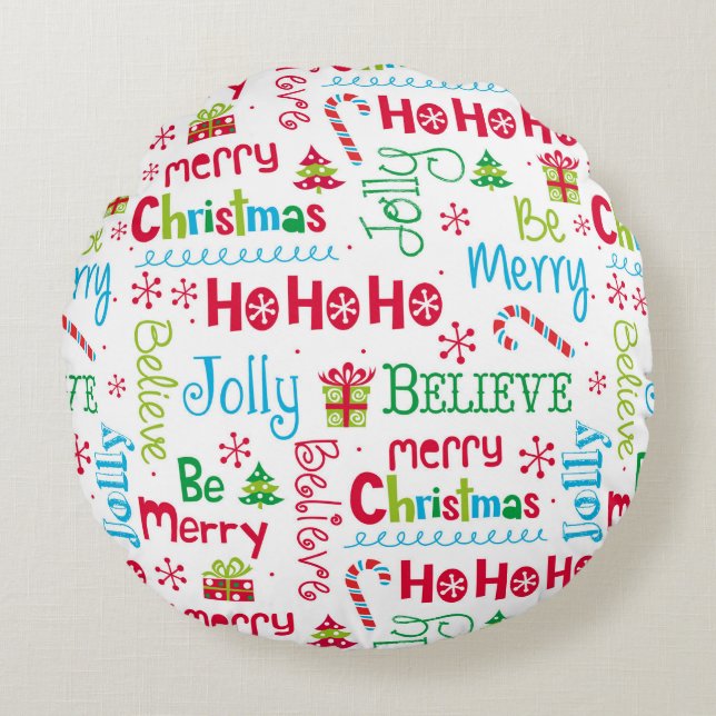 Frohe Weihnachten Whimsical Modern Jolly Typografi Rundes Kissen (Vorderseite)
