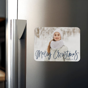 Frohe Weihnachten Whimsical Navy Script Foto Magnet