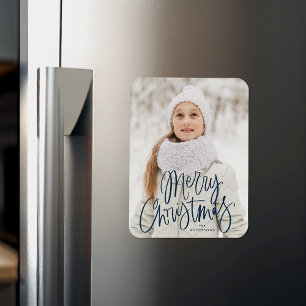 Frohe Weihnachten Whimsical Navy Script Foto Magnet