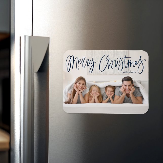 Frohe Weihnachten Whimsical Navy Script Foto Magnet (Von Creator hochgeladen)