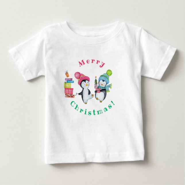 Frohe Weihnachten Whimsical Pinguine bringen Gesch Baby T-shirt (Vorderseite)